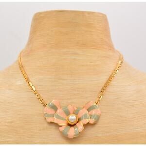 CRAFT Vintage Collar Necklace Flower Pink Enamel Pearl Gold Chain Signed NOS 80s